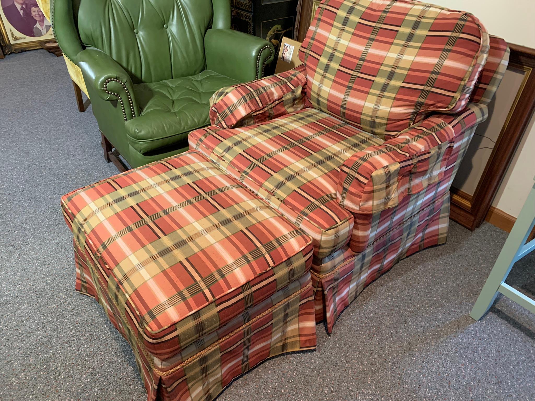 Pearson Upholstered Plaid Chair with Ottoman & Small Drop Leaf Side Table by Stone House Collection