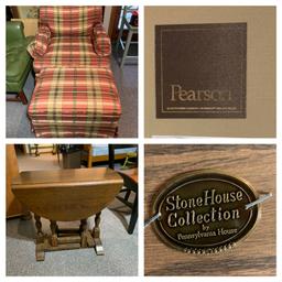 Pearson Upholstered Plaid Chair with Ottoman & Small Drop Leaf Side Table by Stone House Collection