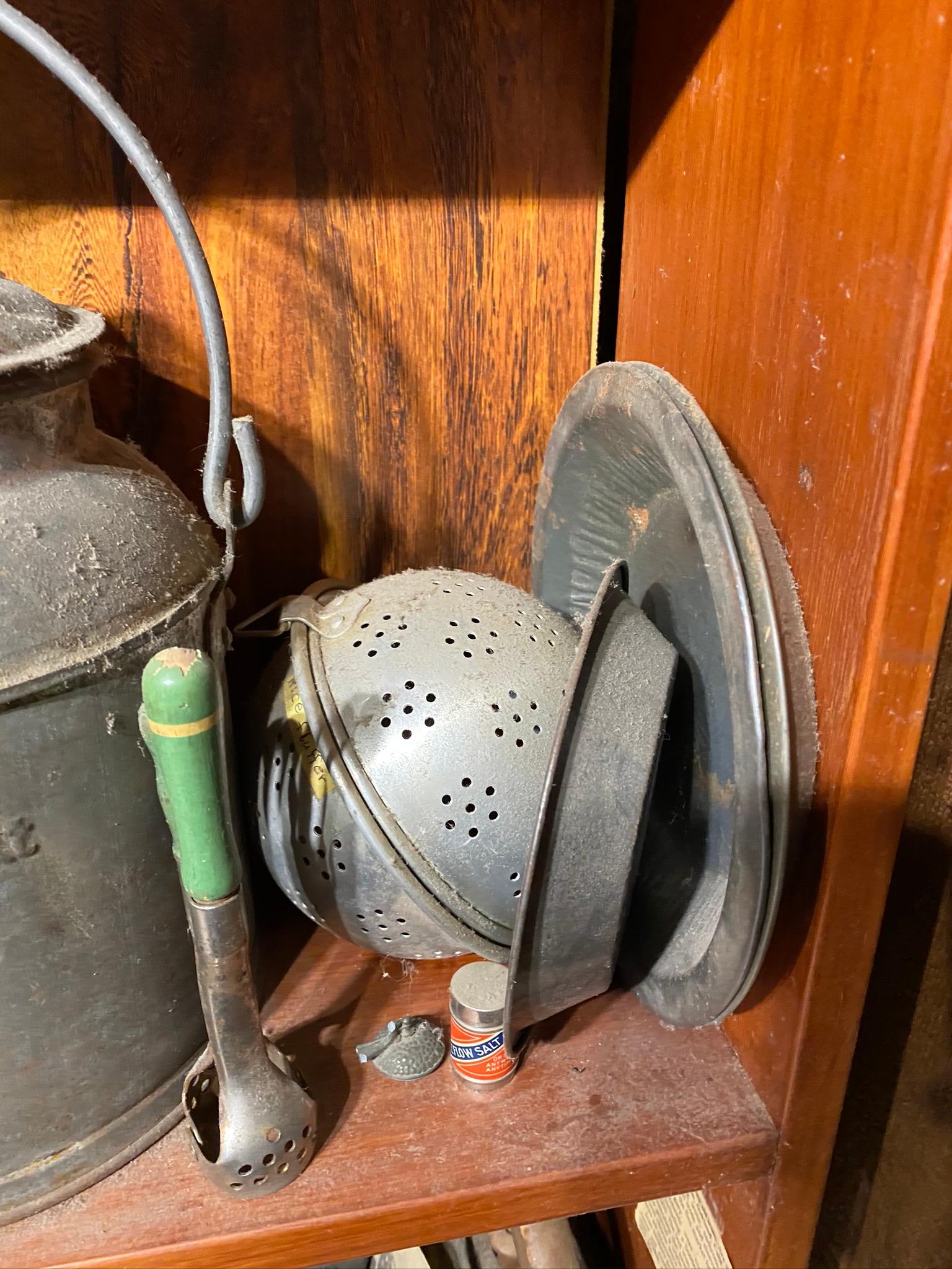 Contents of 2 Shelves - Primitives, Antiques, Milk Bottle