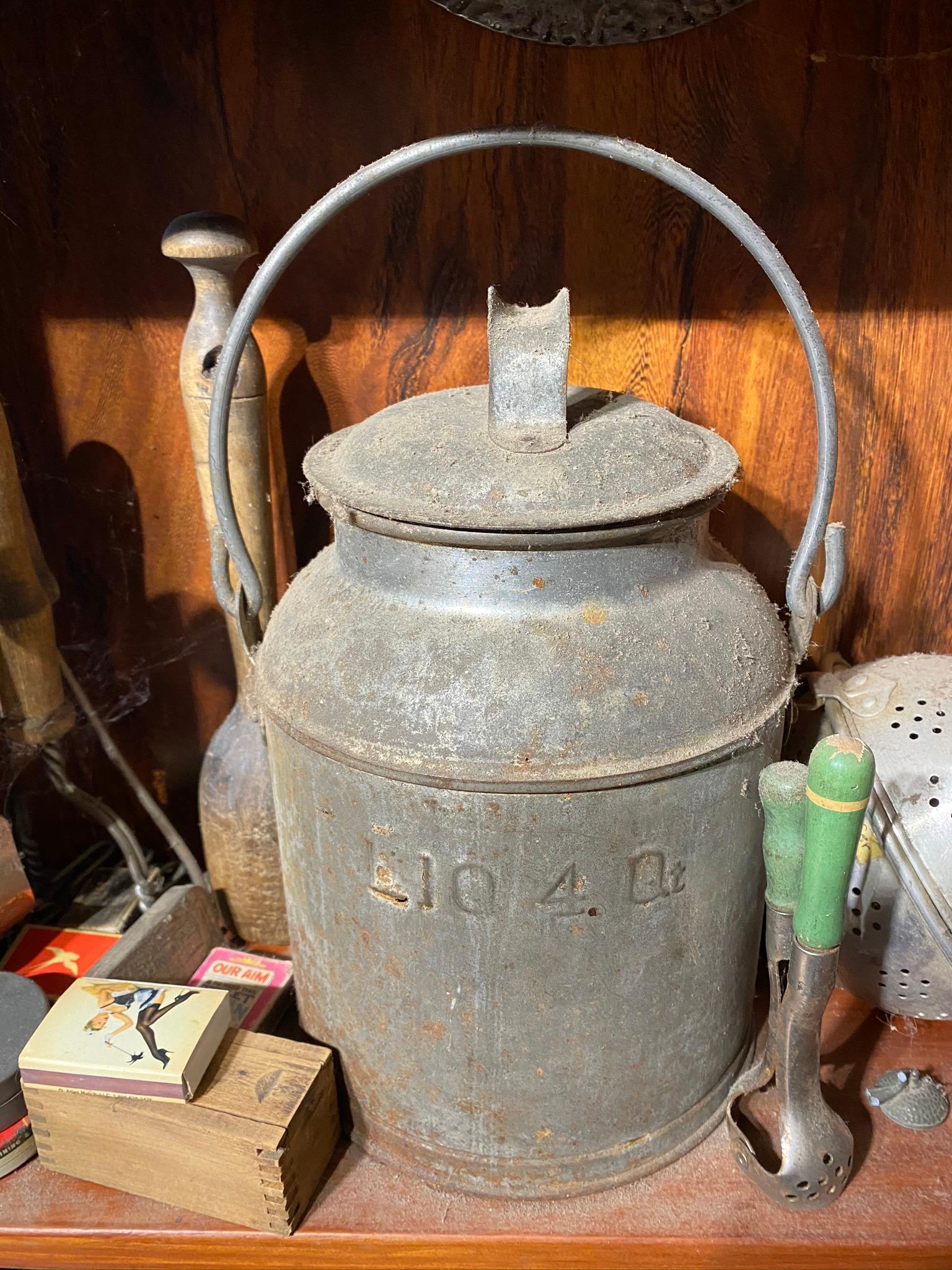 Contents of 2 Shelves - Primitives, Antiques, Milk Bottle