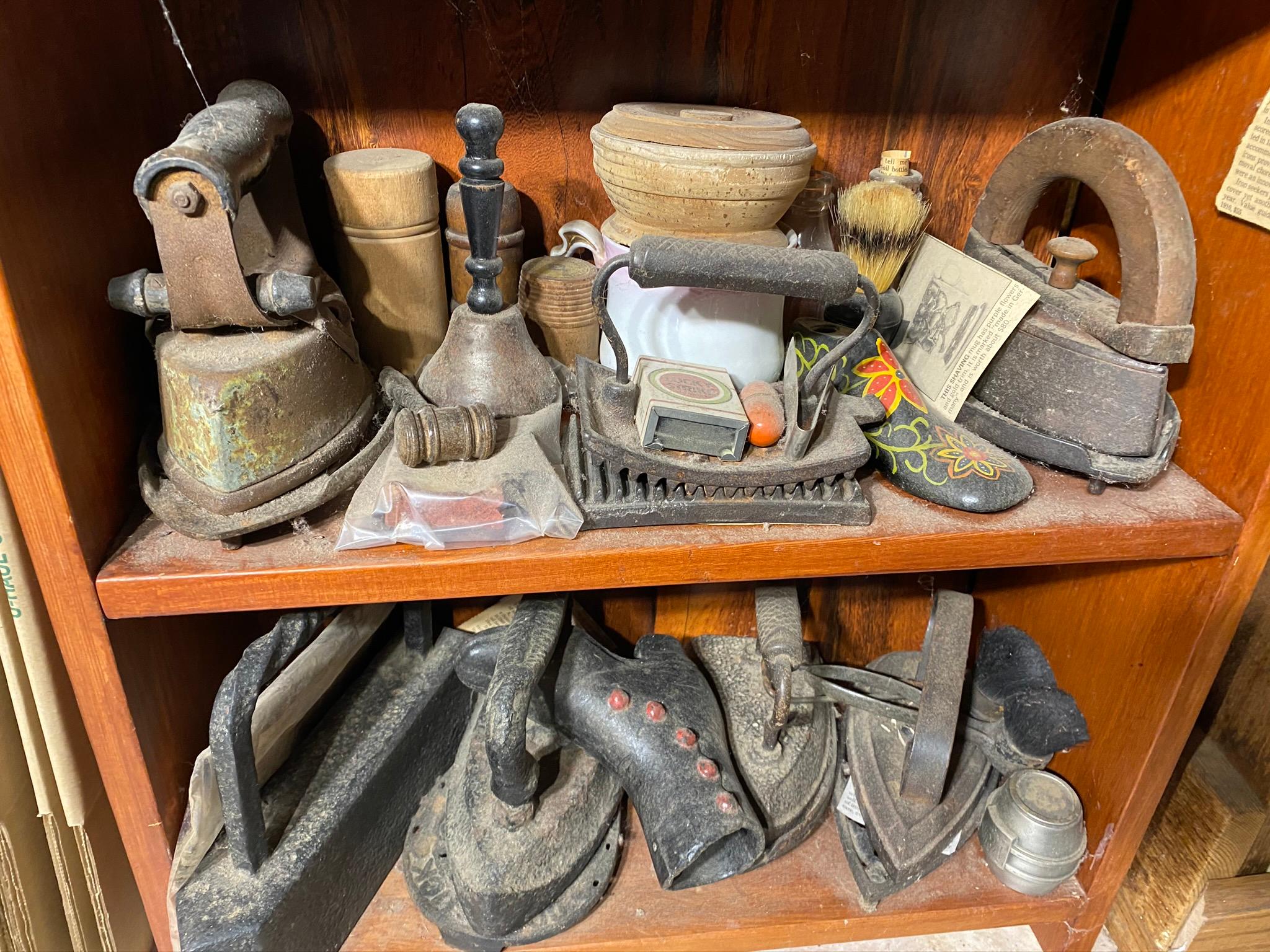 Contents of 2 Shelves lot - Primitives, Antiques