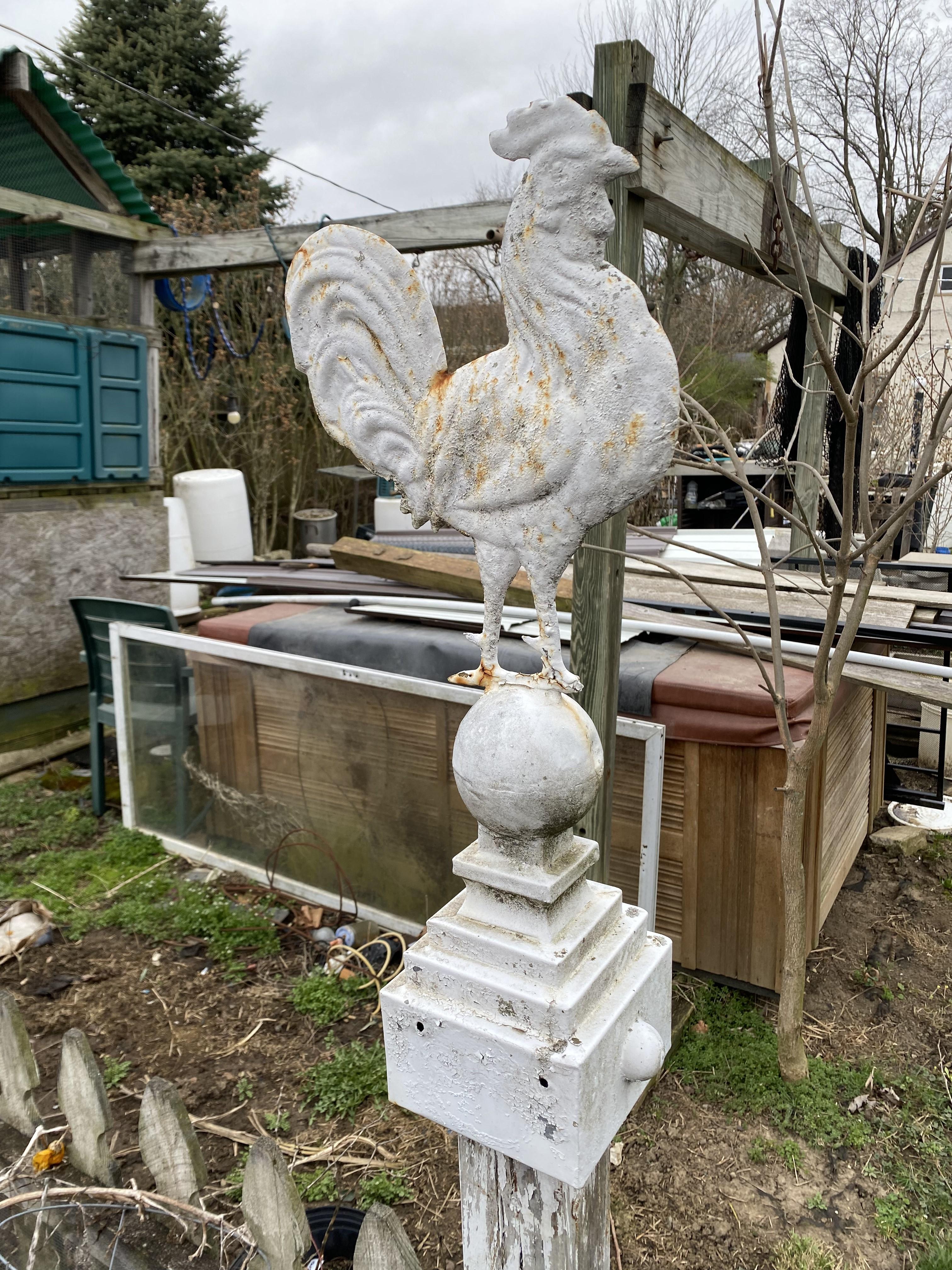 19th Century Painted Tin Rooster Fence Post or Roof Topper