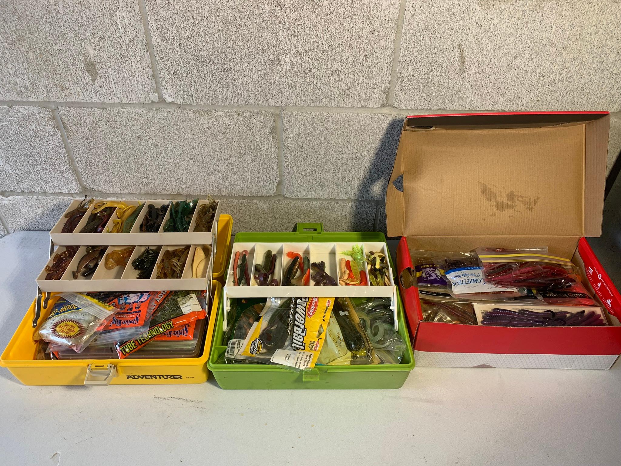 2 Tackle Boxes & Shoe Box Full of Soft Bait Lures