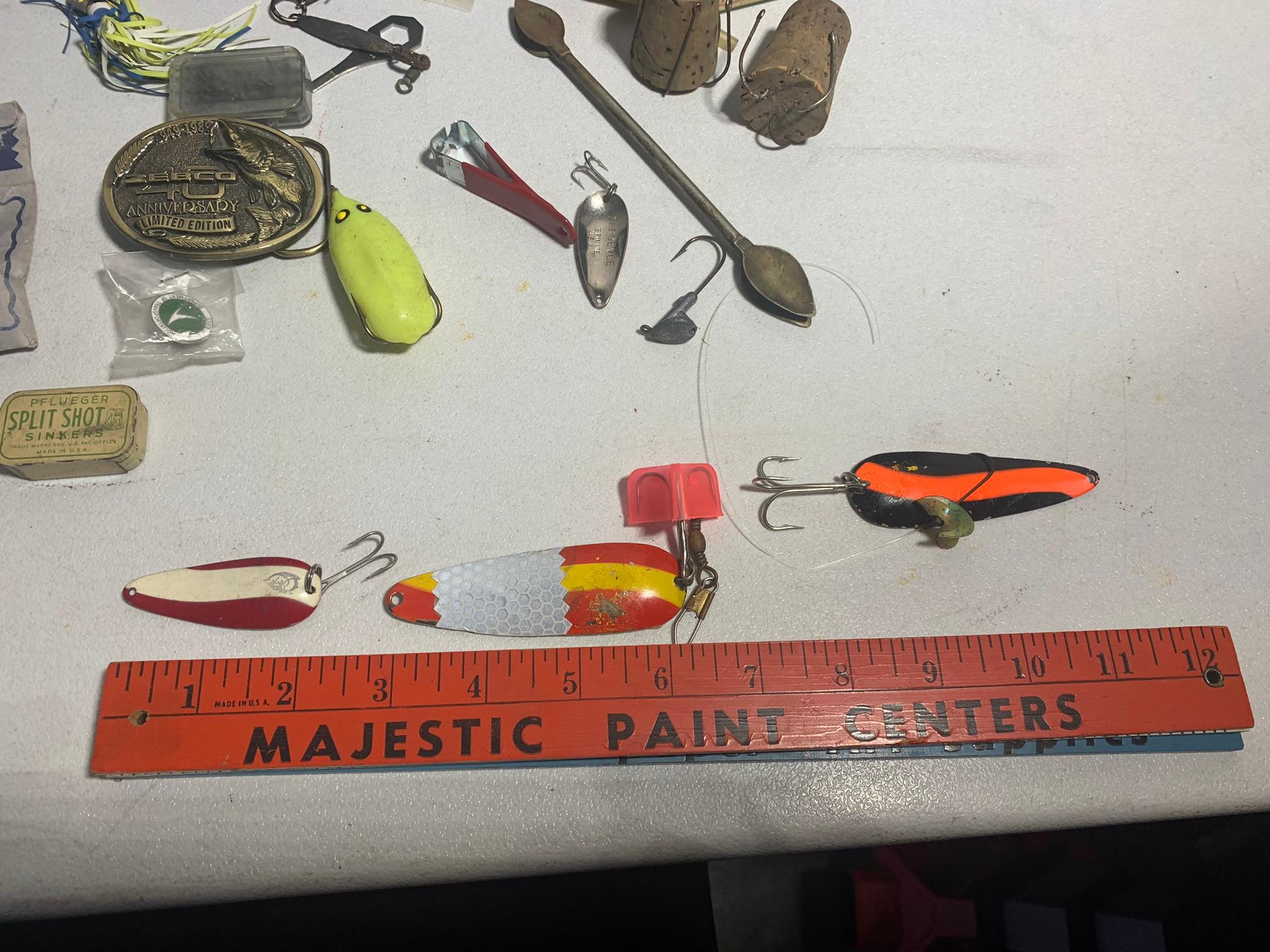 Assortment of Fishing Accessories, Plastic Ammo Box, Zebco 40th Anniversary Belt Buckle & More