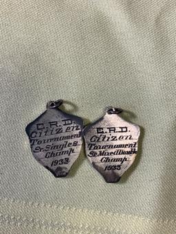 2 Sterling Spoon Pins & 2 Sterling 1933 Tennis Charms.  Total Sterling Weight 17.85 Grams