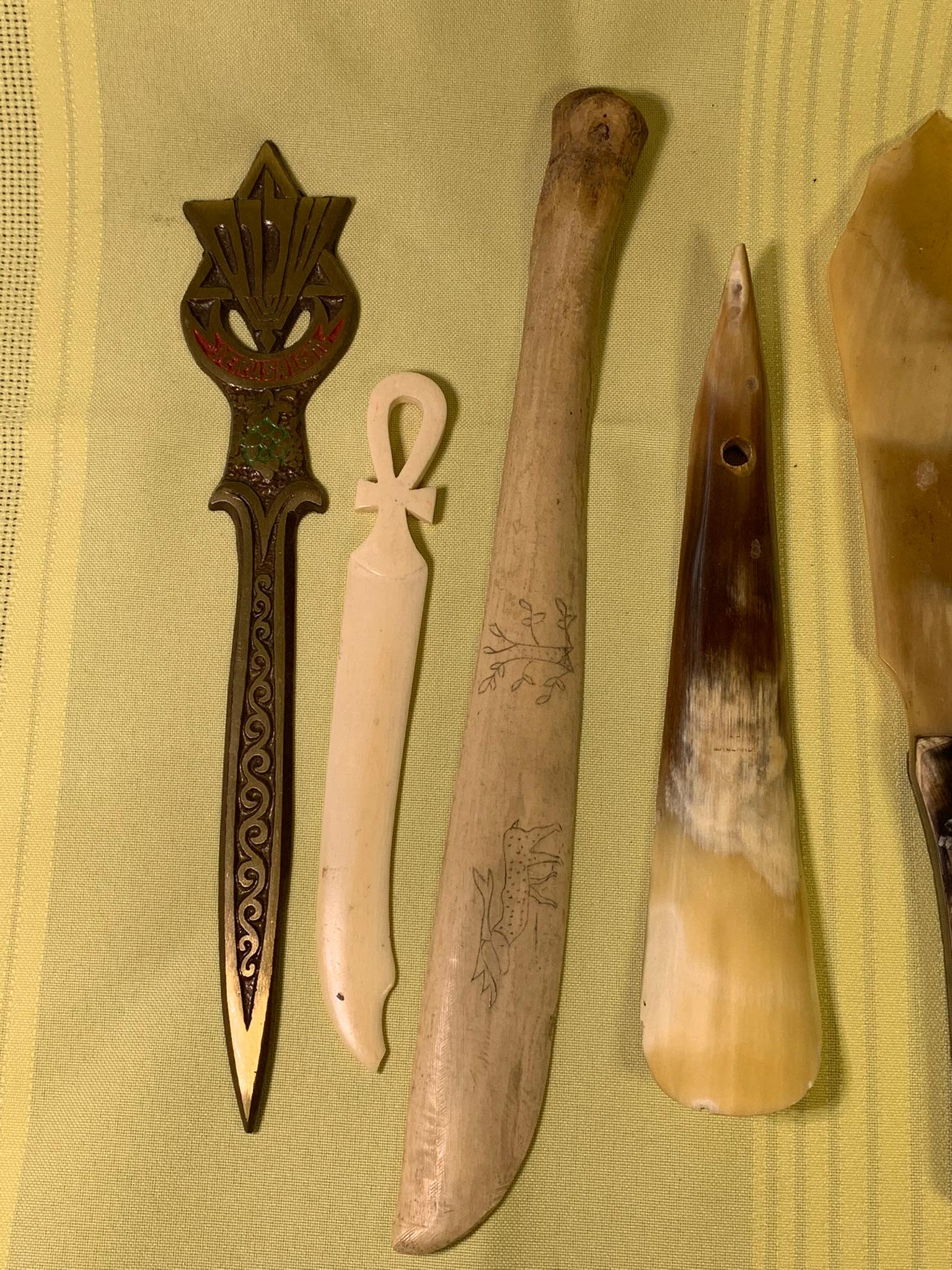 Group of Carved Bone Items - Shoe Horn Knife, Letter Opener & Petrified Wood