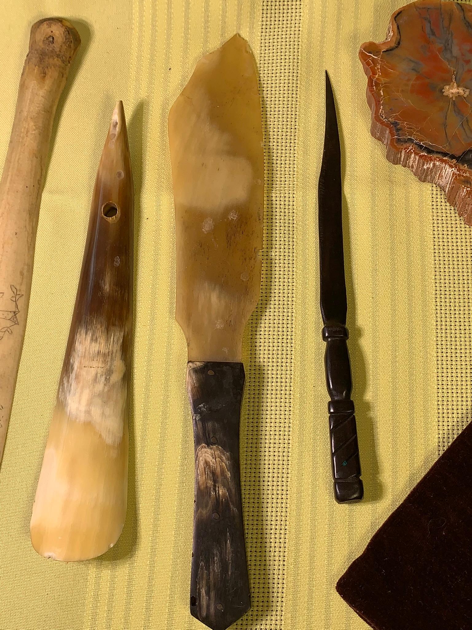 Group of Carved Bone Items - Shoe Horn Knife, Letter Opener & Petrified Wood