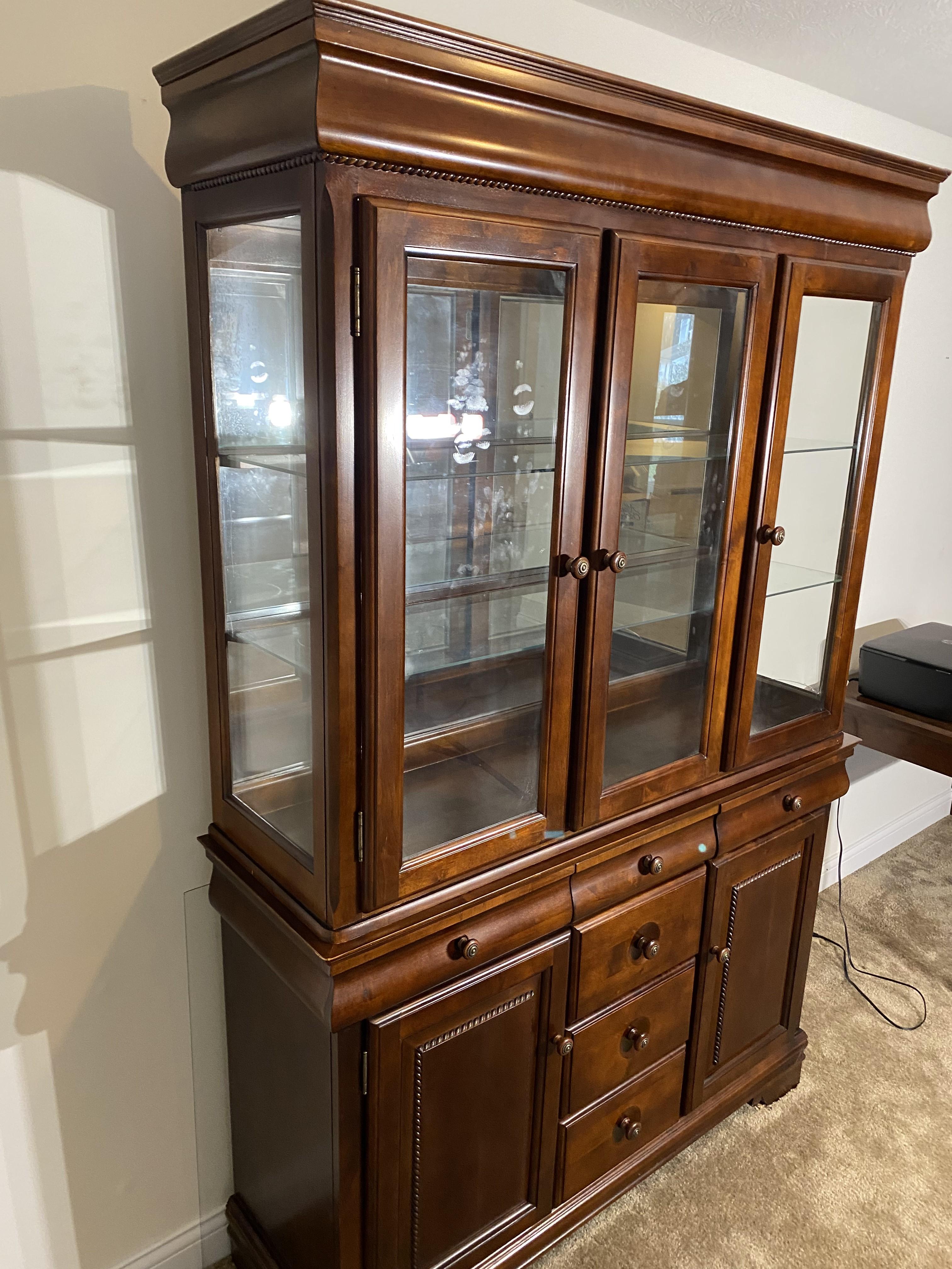 China cabinet, clock, frames, lamp tables, lamps, mirror