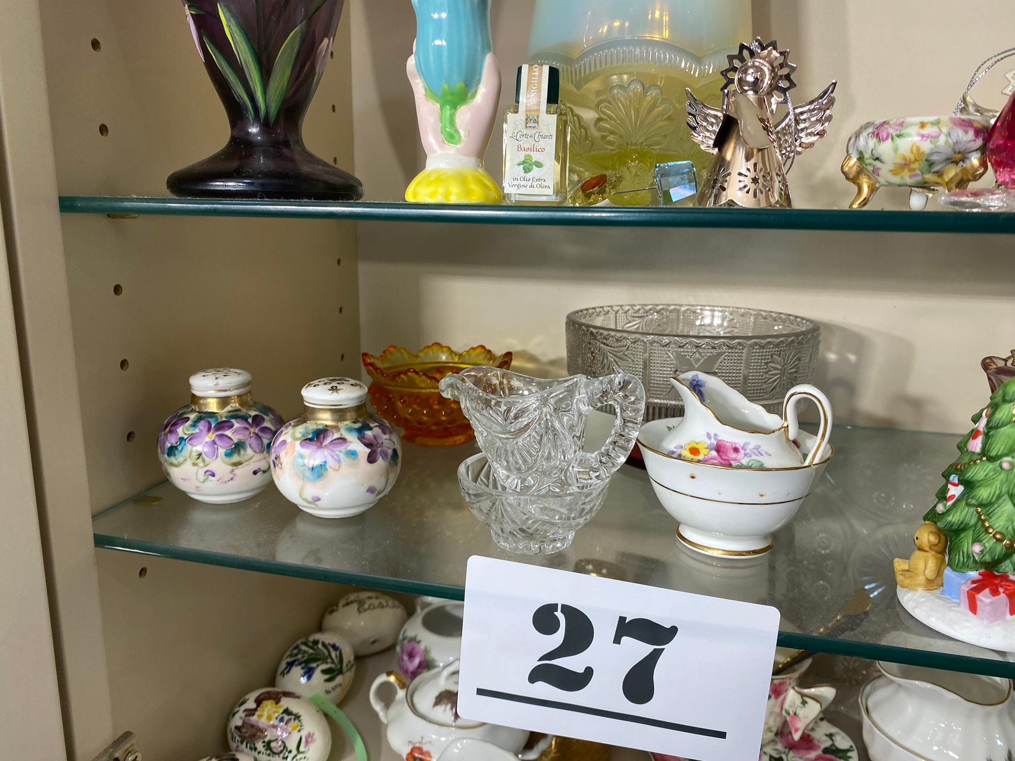 Cabinet Contents Lot including Fenton Glass, English Tea Cups and More