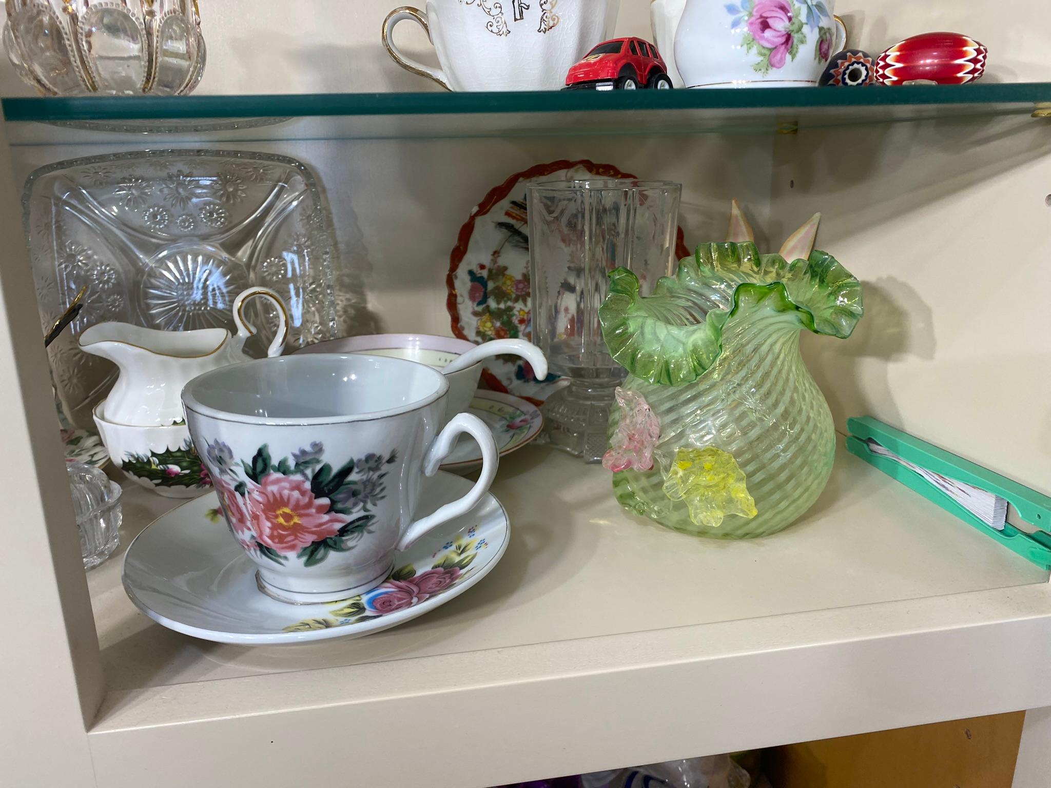 Cabinet Contents Lot including Fenton Glass, English Tea Cups and More
