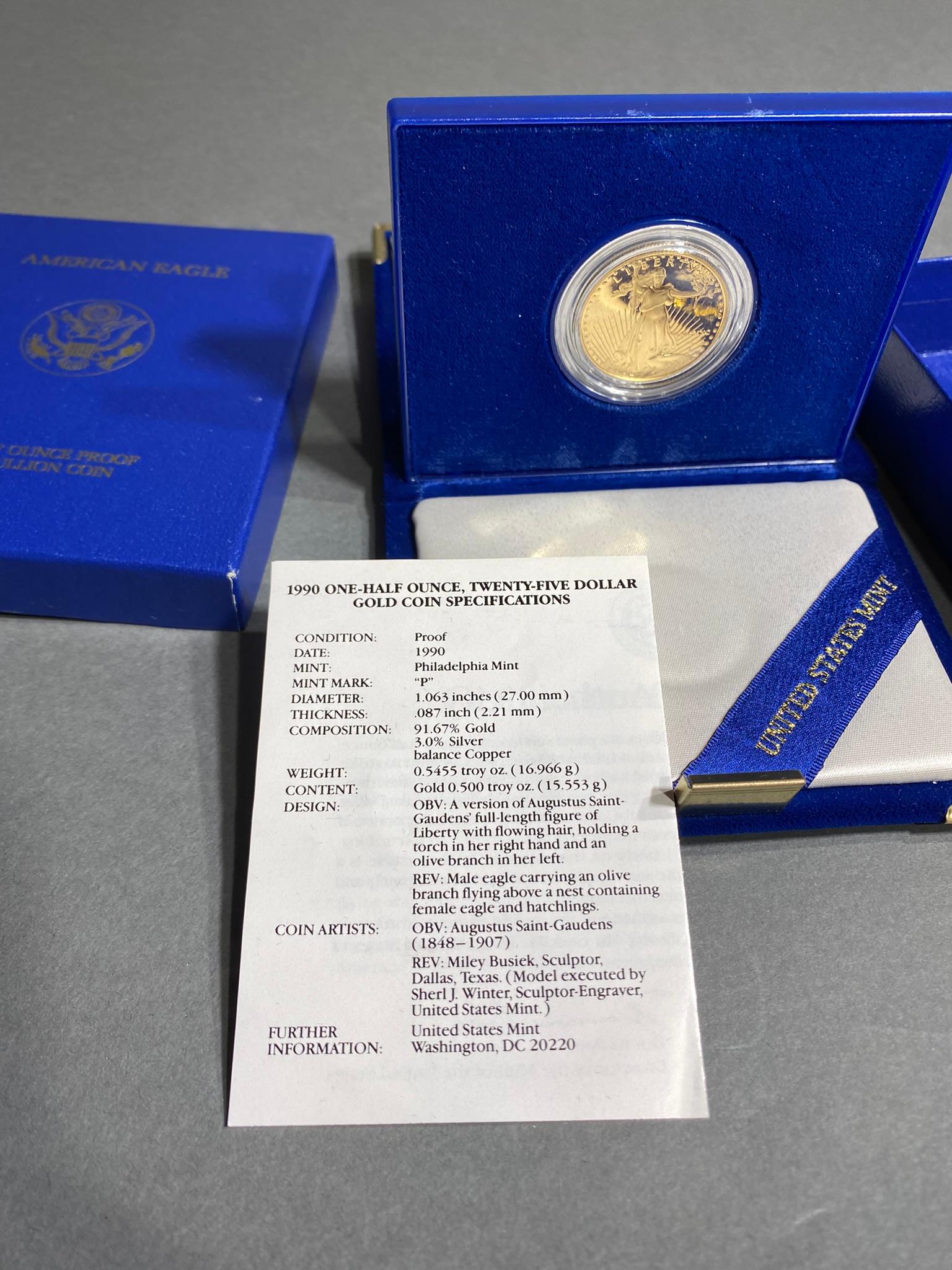 1990 US Mint $25 Gold Coin 1/2 oz Proof