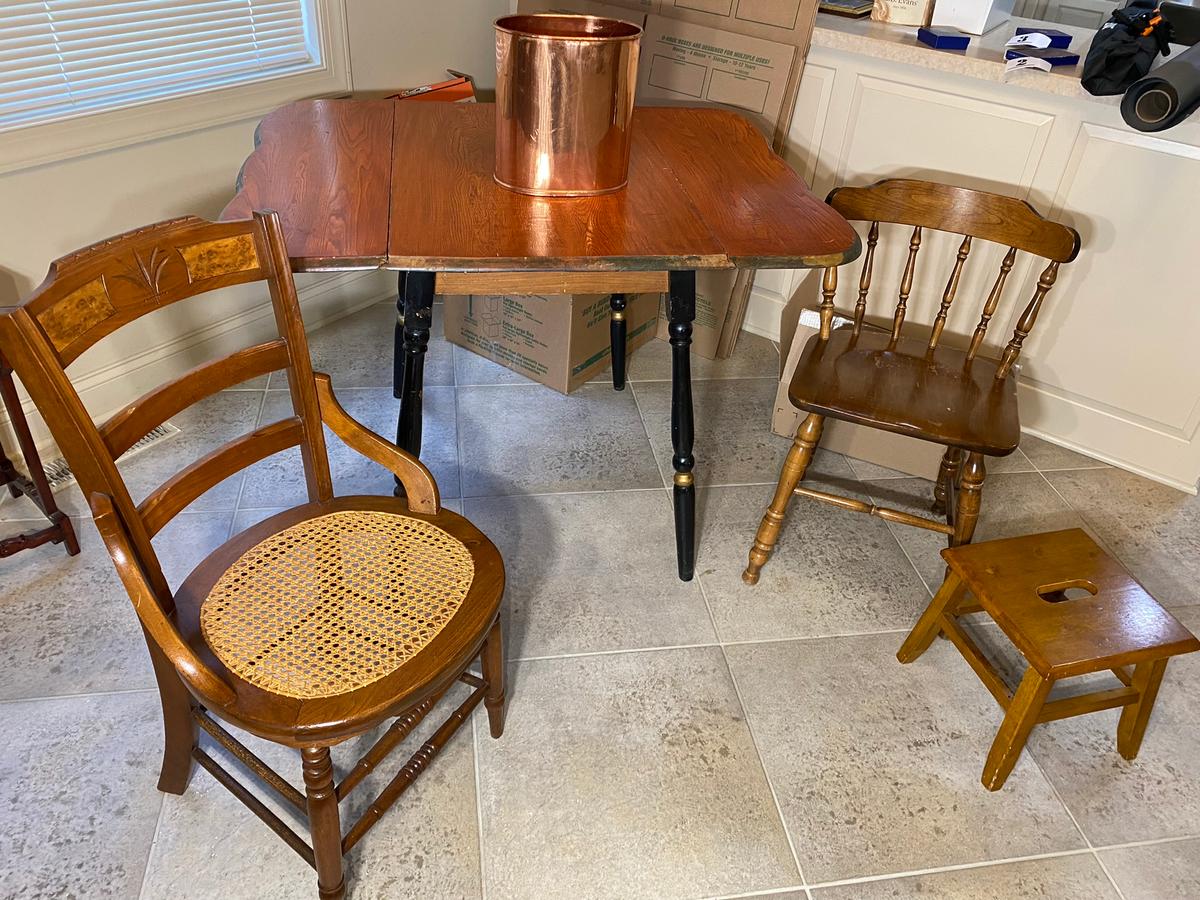 Bucyrus, Ohio Copper Trash Can, Antique Table, Chairs
