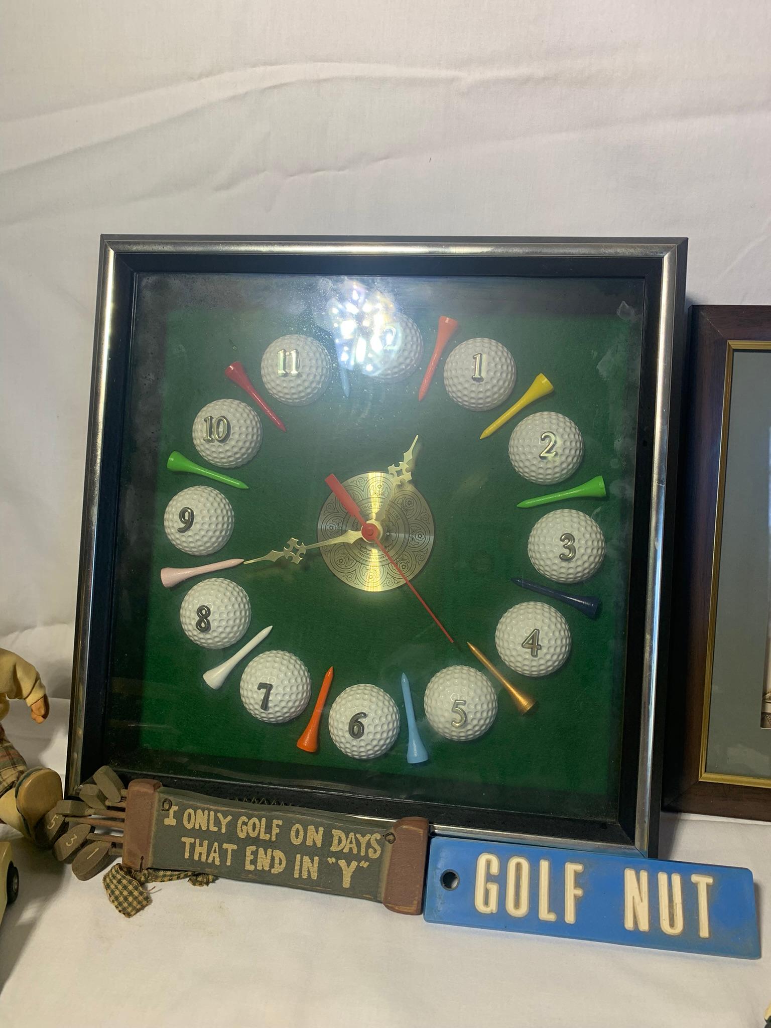 Great Group of Golf Collectibles - Wall Clock, Pictures, Mug, Figures & More