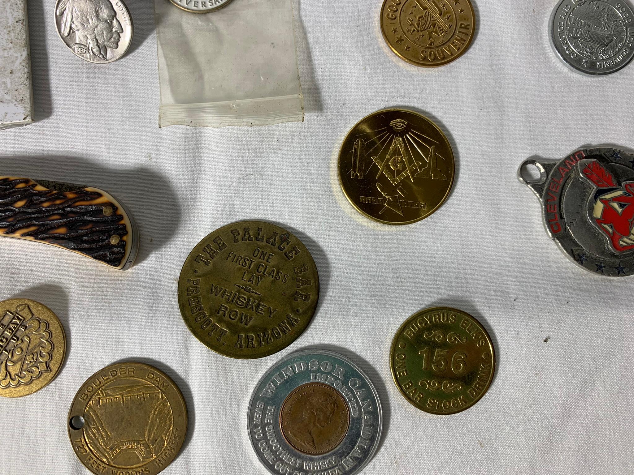 Large Group of Tokens, Medallions, '70's Carved Peace Sign and More