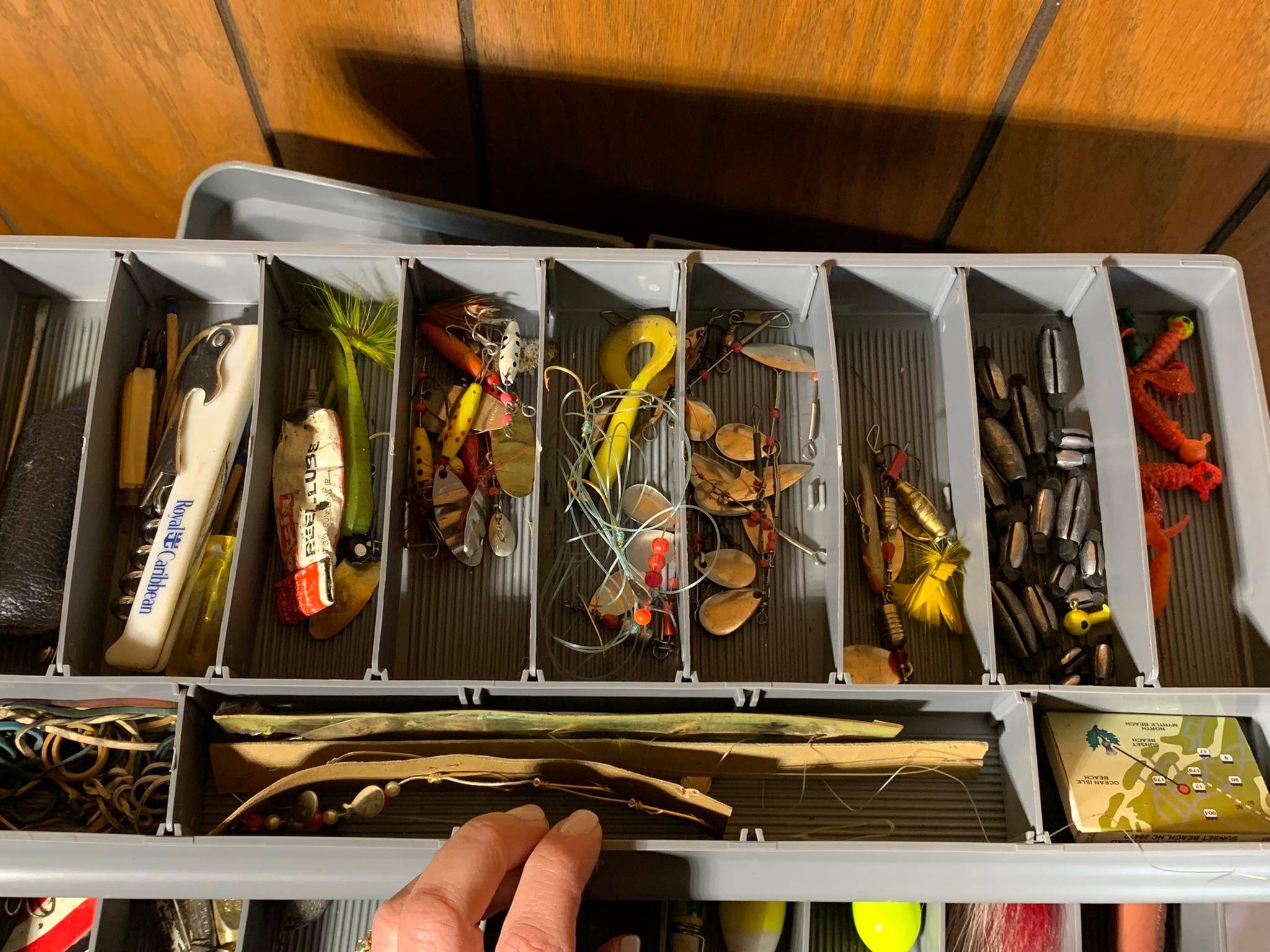 Tackle Box with Lures, Reel, Knife & More.  See Photos
