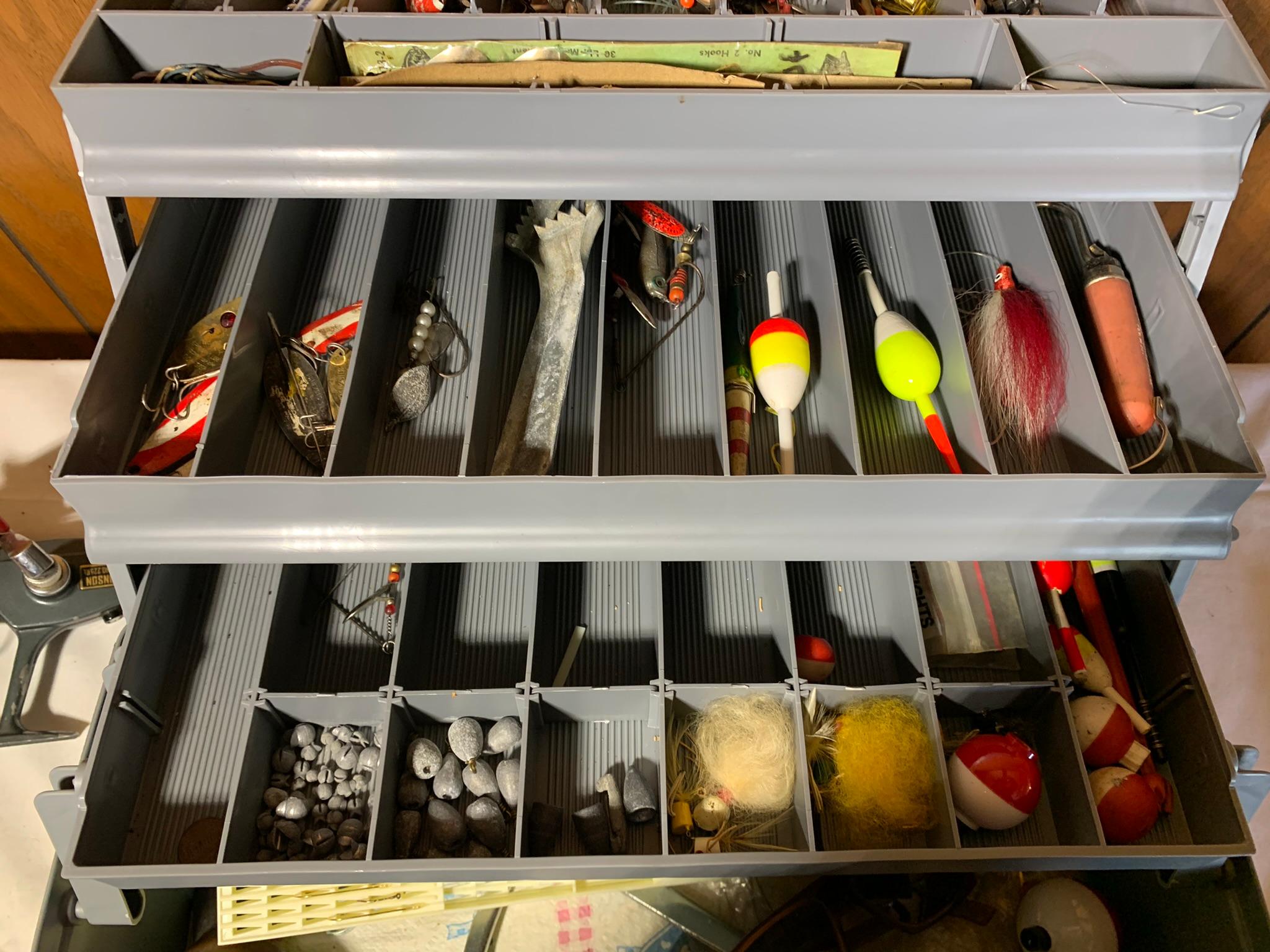 Tackle Box with Lures, Reel, Knife & More.  See Photos