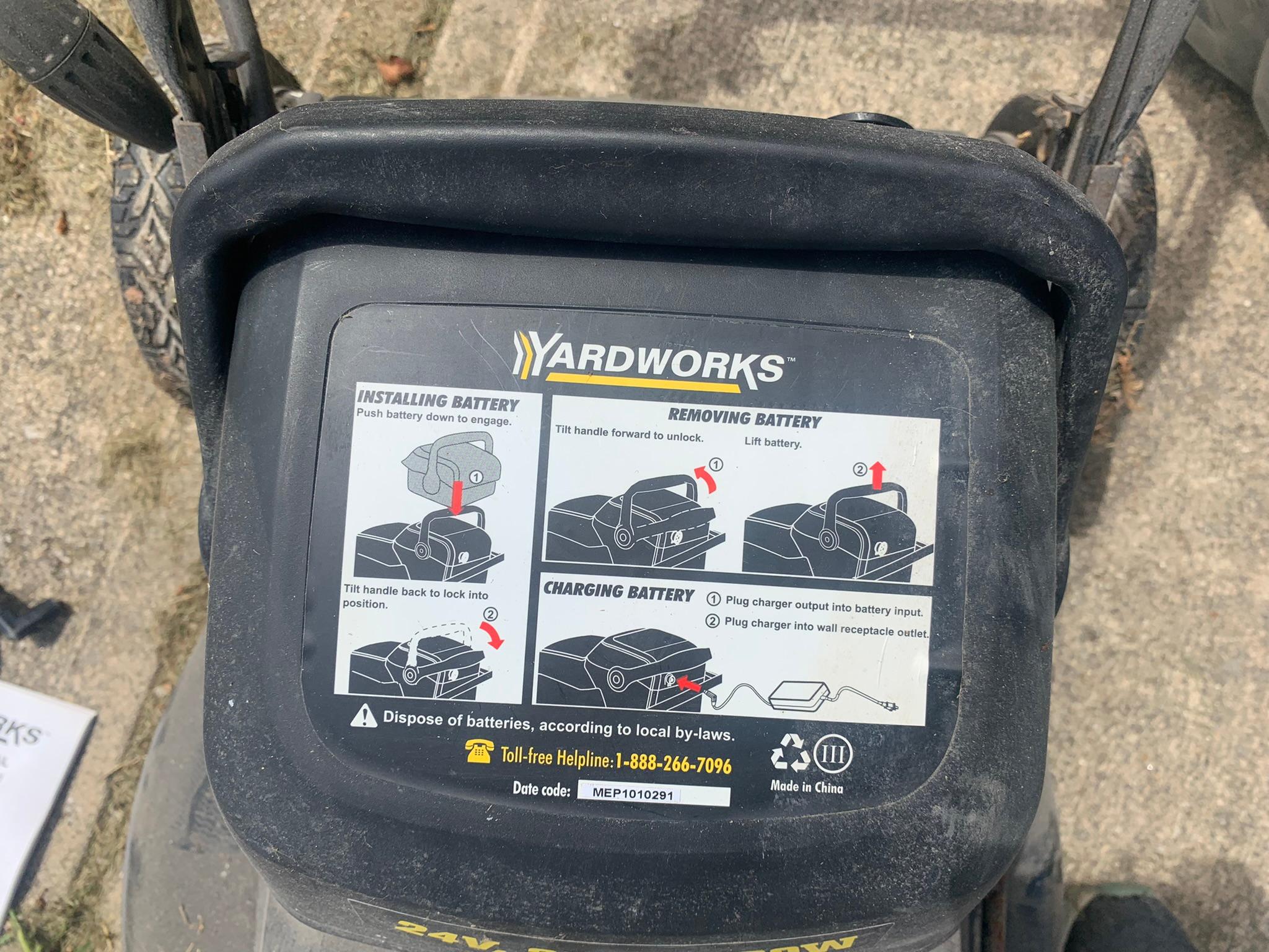 Yardworks 18 inch Cordless Self-Propelled Lawn Mower, Battery Charger & Manual