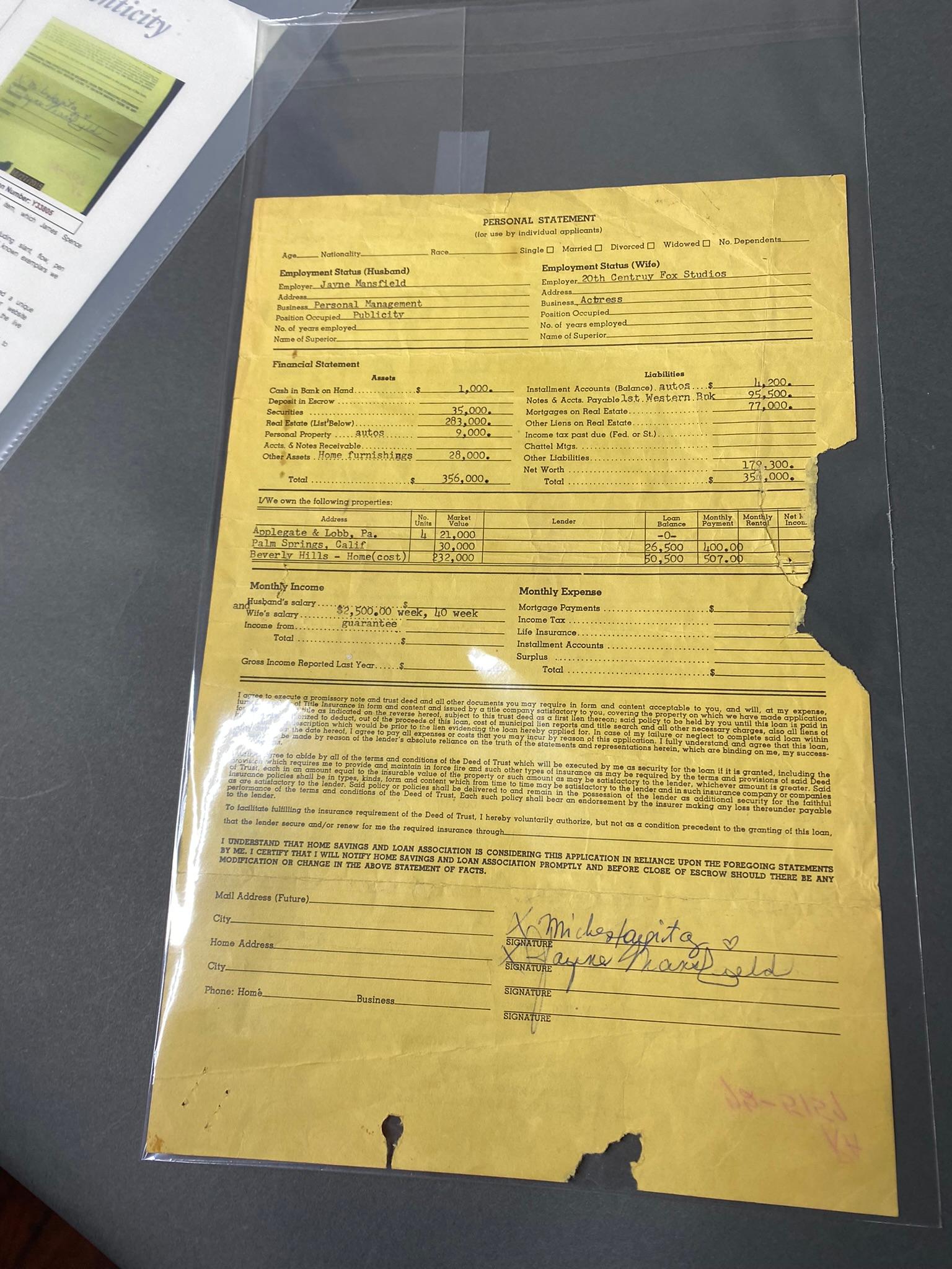 Rare Jayne Mansfield Pink Palace Beverly Hills Mortgage Loan Document