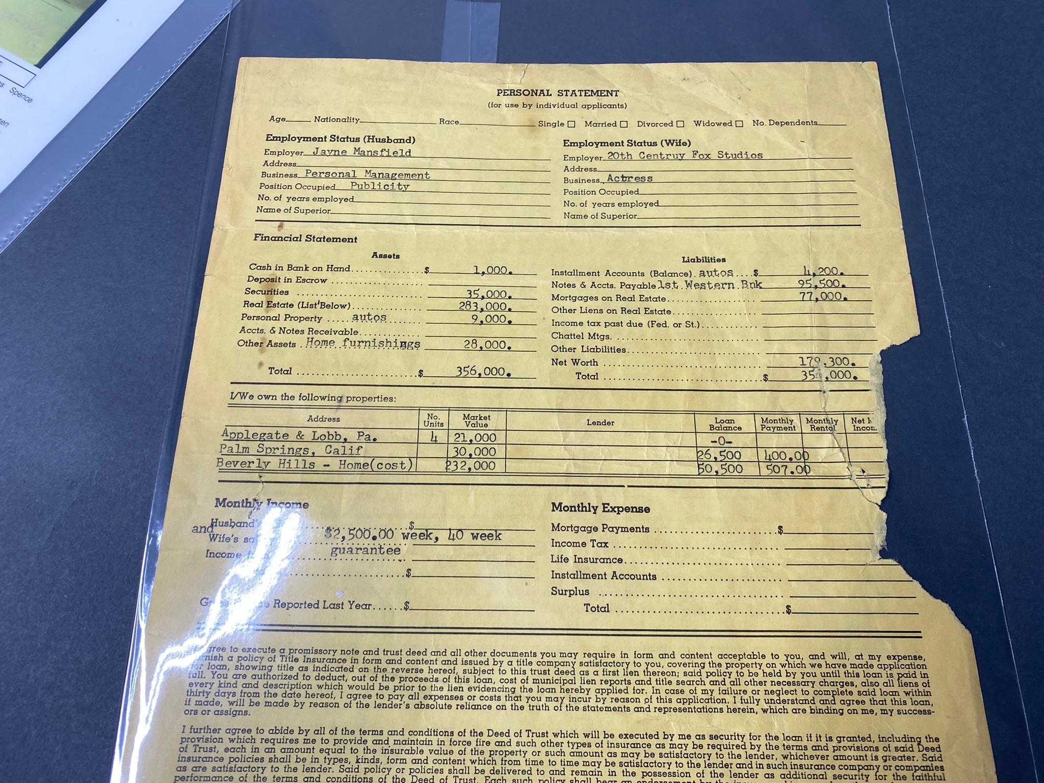 Rare Jayne Mansfield Pink Palace Beverly Hills Mortgage Loan Document