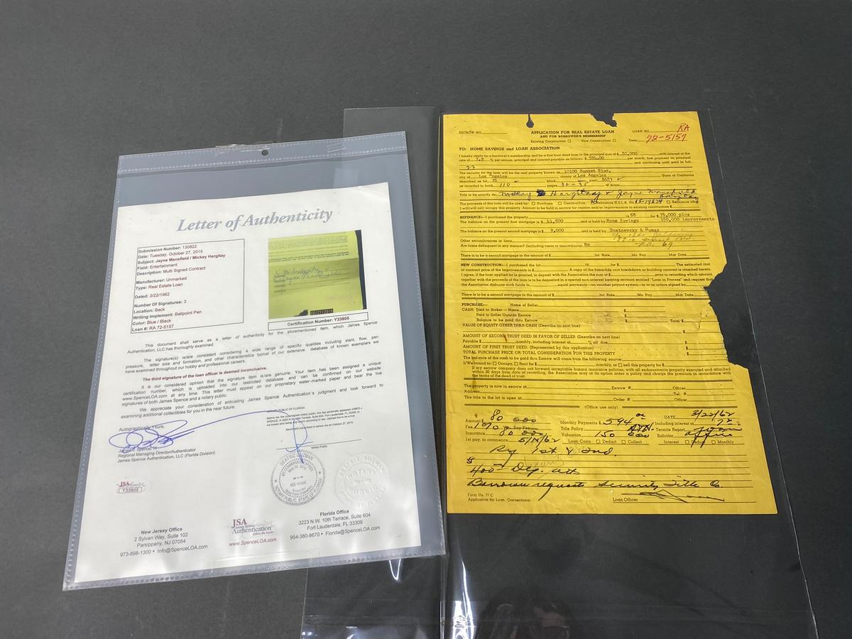 Rare Jayne Mansfield Pink Palace Beverly Hills Mortgage Loan Document