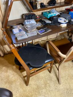 Table, chairs, MCM shelf unit, desk contents, closet
