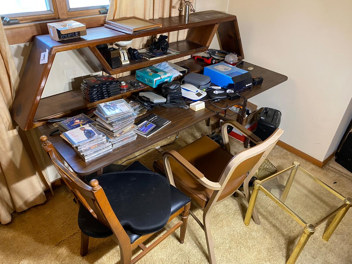 Table, chairs, MCM shelf unit, desk contents, closet