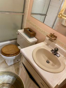 Bathroom contents including vintage brass plant stand