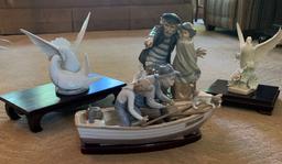 Four Lladro Ceramic Art Pieces plus 3 Wood Stands