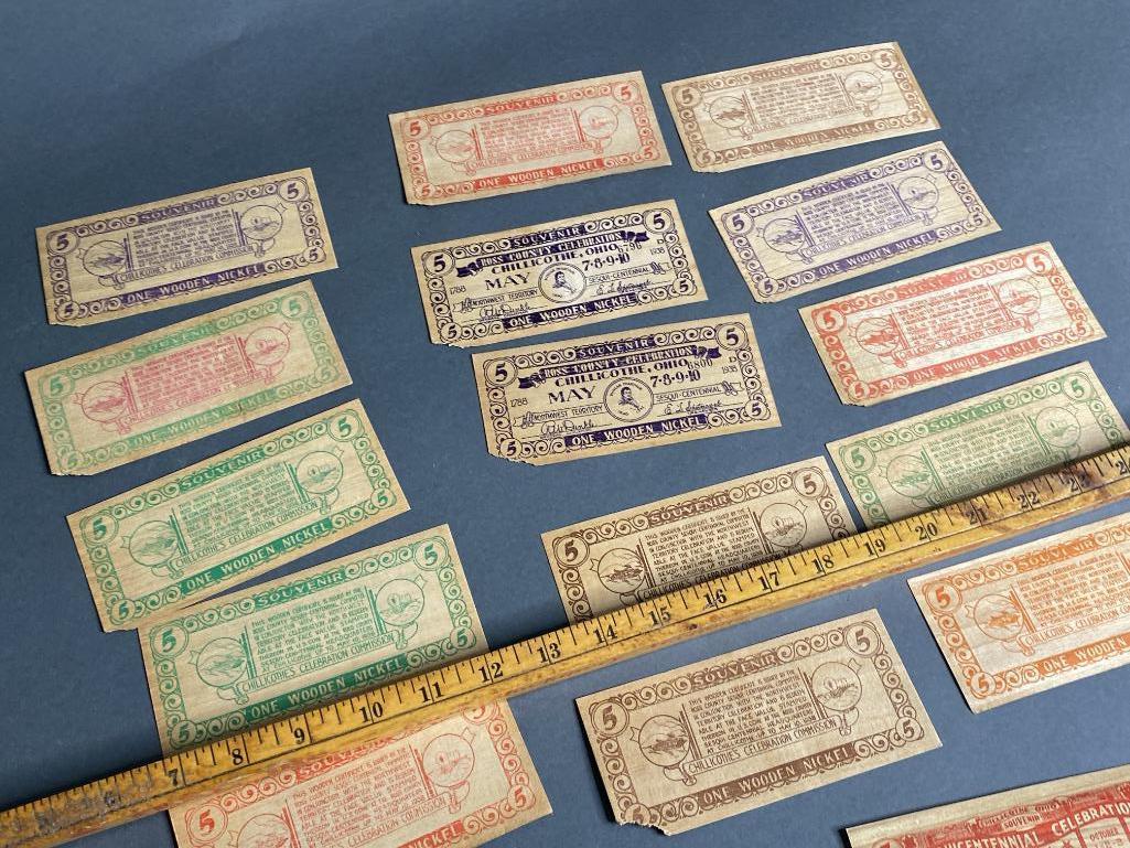 17 Antique Chillicothe Ohio Sesquicentennial Wooden Nickel Bills