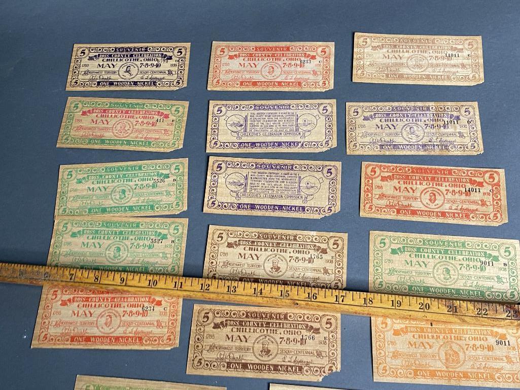 17 Antique Chillicothe Ohio Sesquicentennial Wooden Nickel Bills