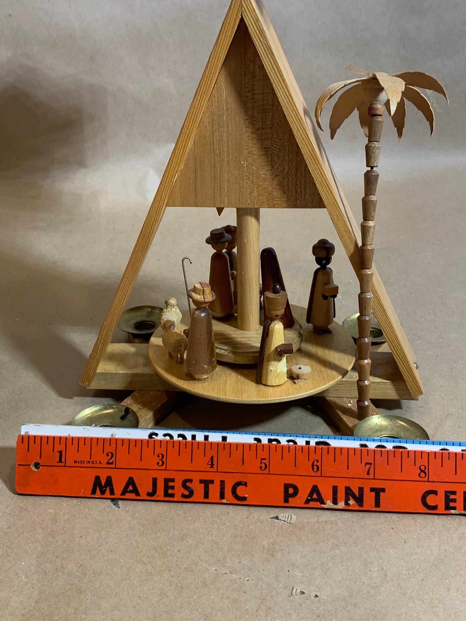 Vintage Plastic Lazarus Ornaments & Vintage Christmas Wooden Windmill with Nativity Scene