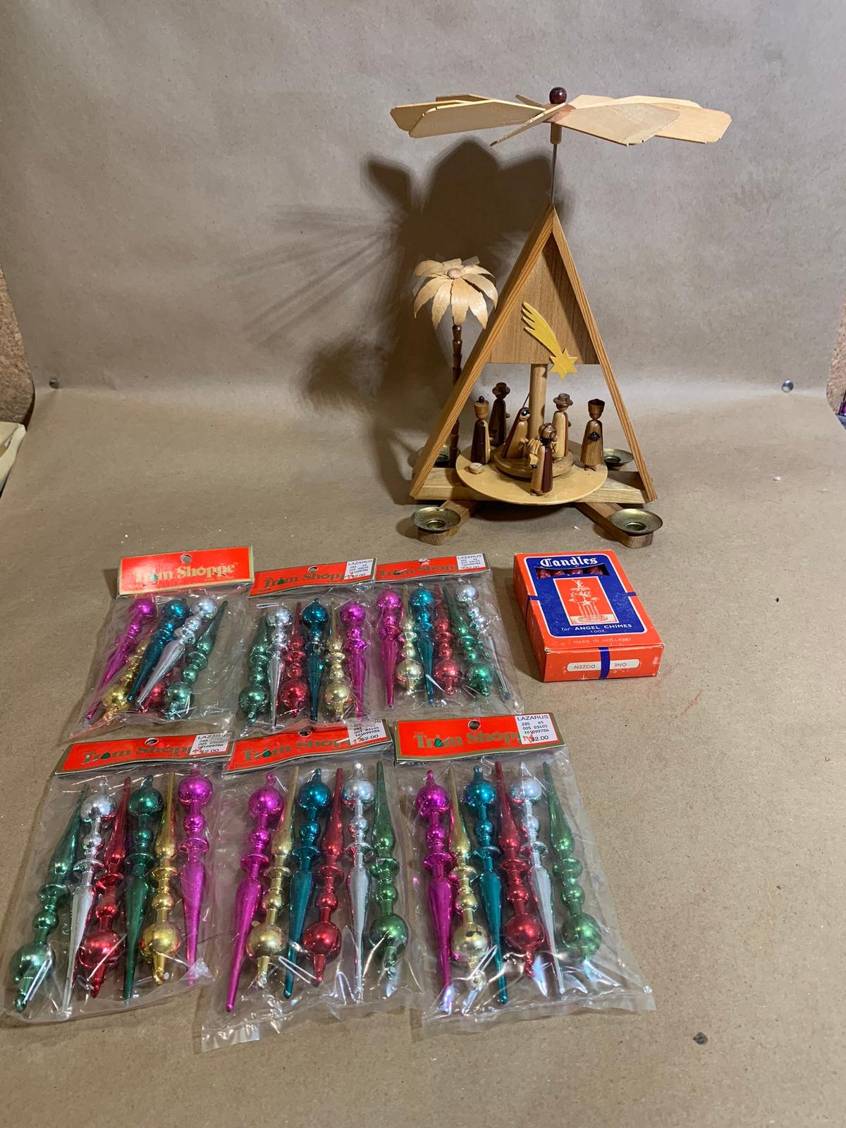 Vintage Plastic Lazarus Ornaments & Vintage Christmas Wooden Windmill with Nativity Scene