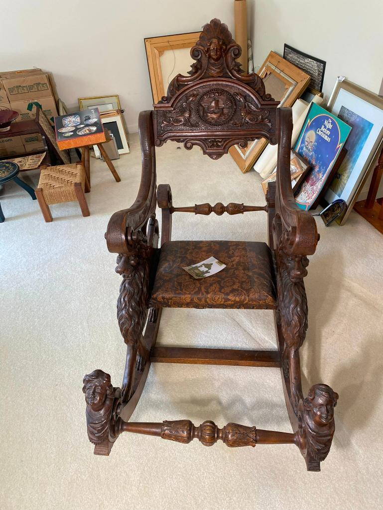 Italian Renaissance Revival Walnut Rocking Chair with Lions