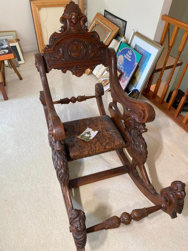 Italian Renaissance Revival Walnut Rocking Chair with Lions