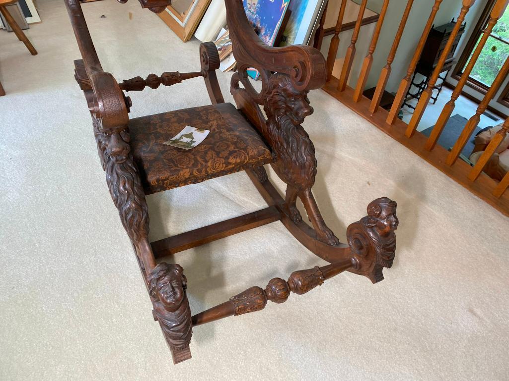 Italian Renaissance Revival Walnut Rocking Chair with Lions