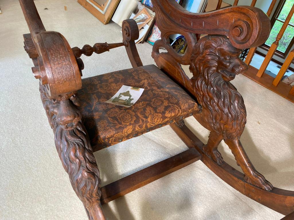 Italian Renaissance Revival Walnut Rocking Chair with Lions