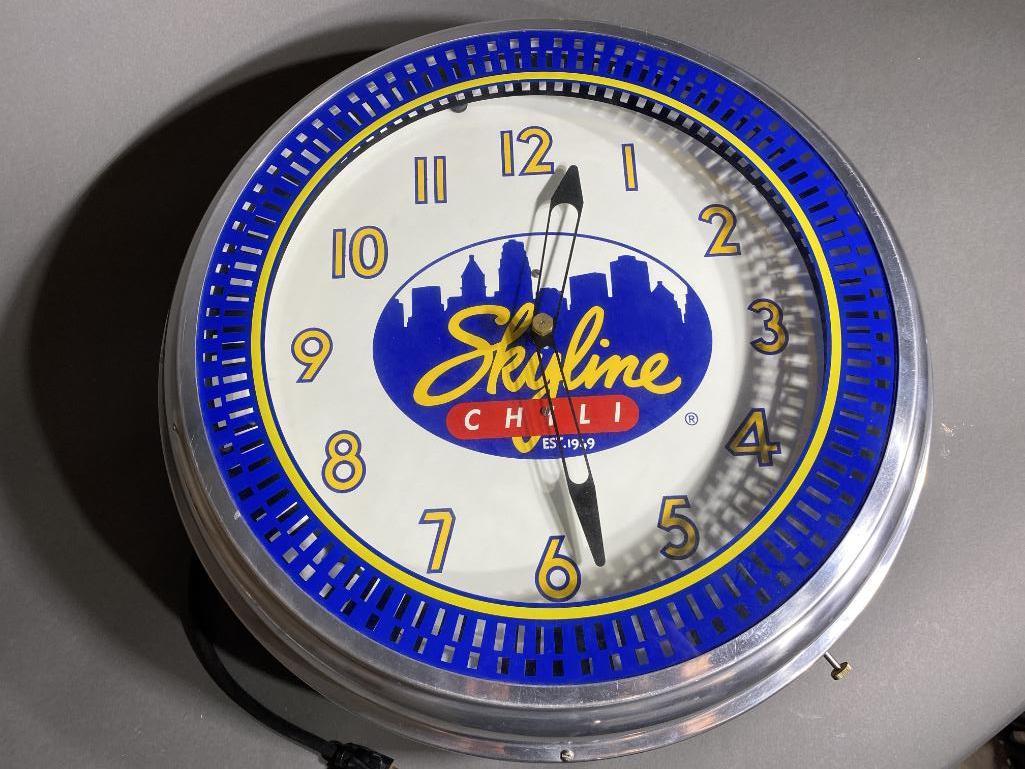 Vintage Blue Light Up Skyline Chili Restaurant Clock - Works!