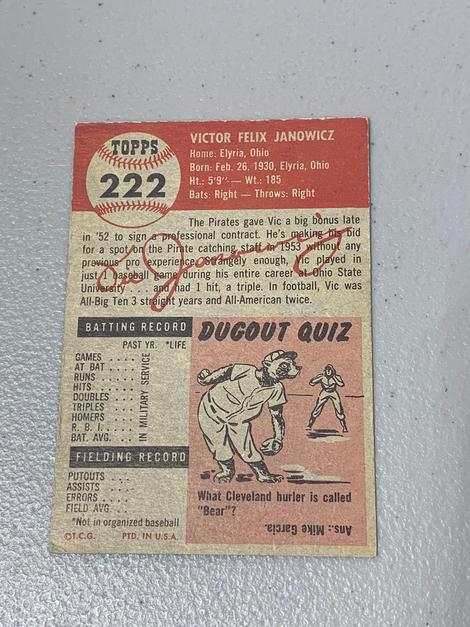 1953 Vic Janowicz Topps Chewing Gum Baseball Card