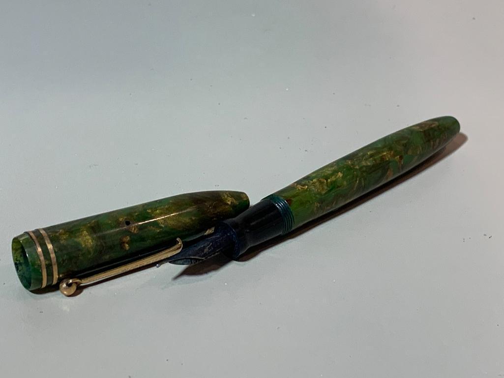 2 Vintage Fountain Pens - Blue Warran 14KT USA, Green Eversharp Wahl