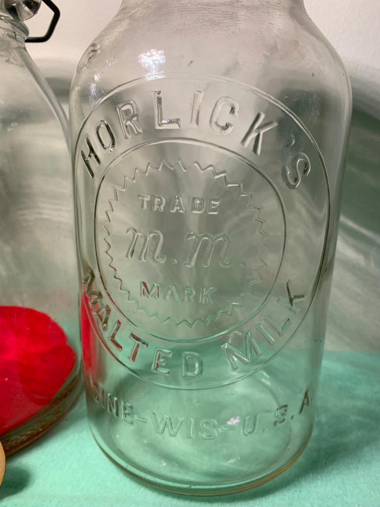 Vintage Horlicks Malted Milk Jar, Racine Wisconsin Bottle, Milk Bottle Caps & One Gallon Glass Jar