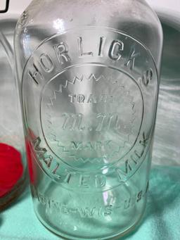 Vintage Horlicks Malted Milk Jar, Racine Wisconsin Bottle, Milk Bottle Caps & One Gallon Glass Jar