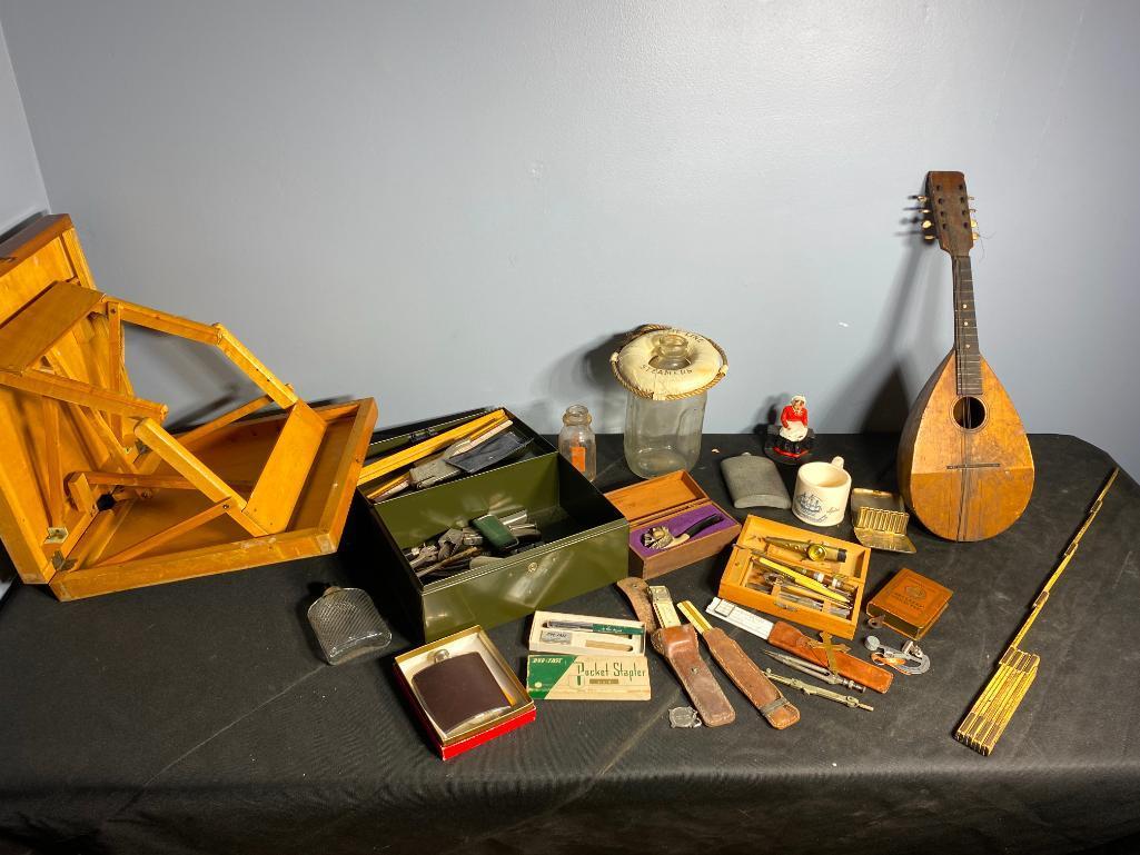 Group Lot of Misc Items- Flasks, Folding Table, Guitar, & More