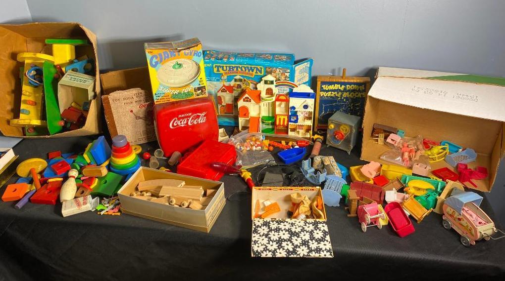 Group Lot of Assorted Vintage Toys, Blocks, Doll Furniture, Etc.