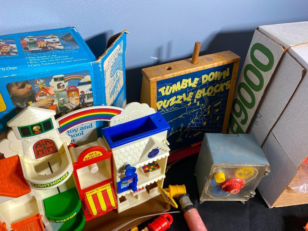 Group Lot of Assorted Vintage Toys, Blocks, Doll Furniture, Etc.