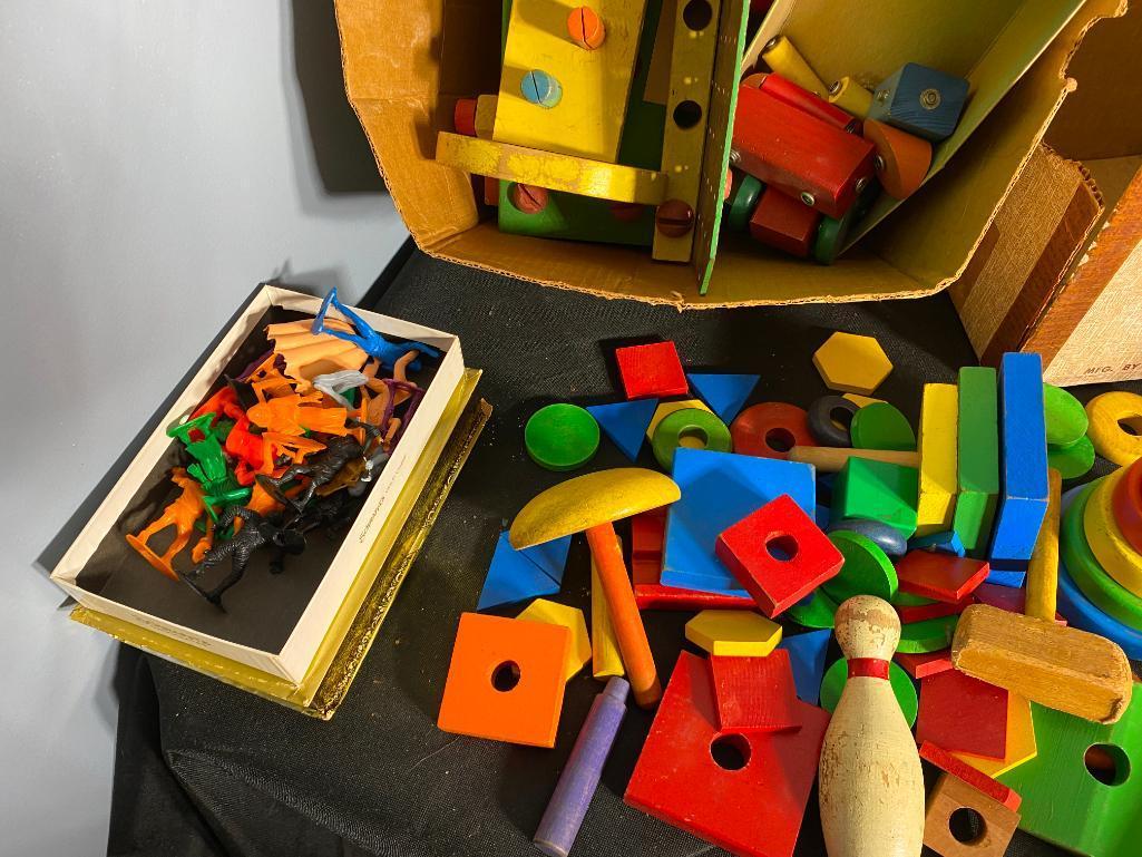 Group Lot of Assorted Vintage Toys, Blocks, Doll Furniture, Etc.