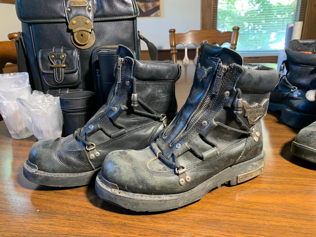 3 Pairs of Harley Davidson Boots Size 8 1/2 & Max Benjamin Picnic Bag