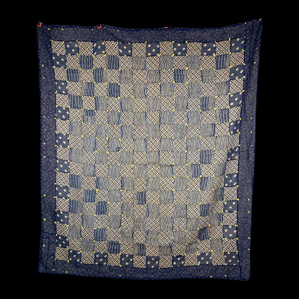 1920's Quilt Navy & Beige Tied with Yellow Yarn