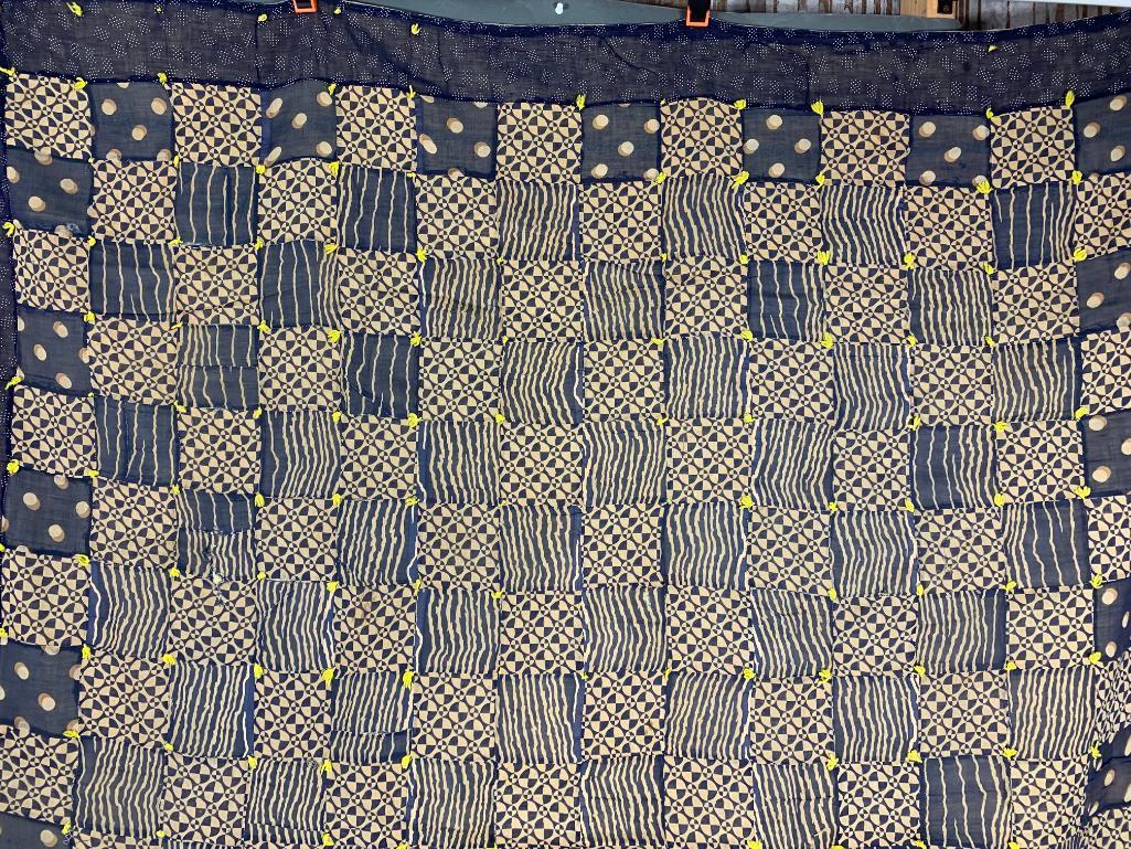 1920's Quilt Navy & Beige Tied with Yellow Yarn