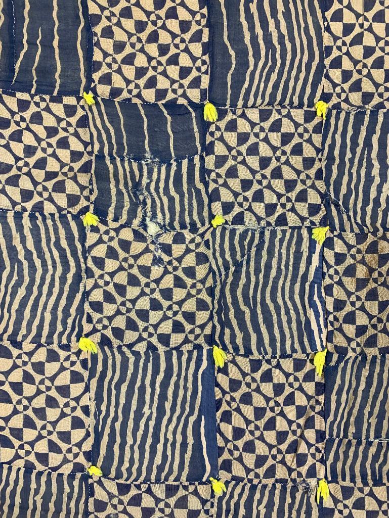 1920's Quilt Navy & Beige Tied with Yellow Yarn