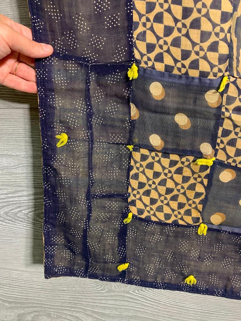 1920's Quilt Navy & Beige Tied with Yellow Yarn